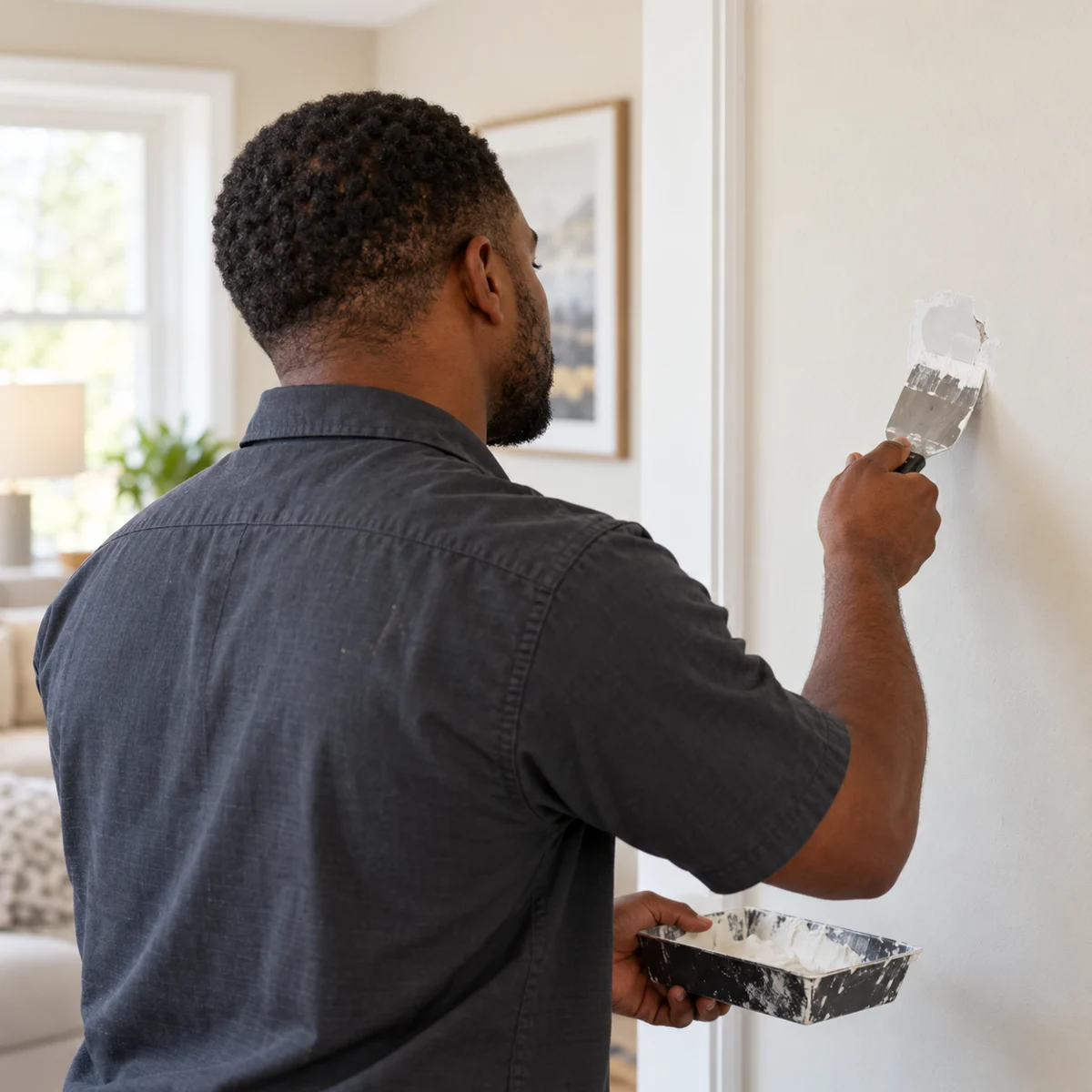 Illustrative scene of a Black handyman patching drywall, viewed from behind